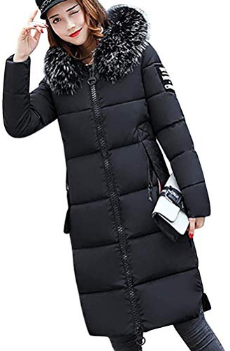 Tomwell Abrigo Plumas de Cremallera Acolchado Chaqueta Largo con Capucha de Larga para Mujer Invierno Chaqueta Plum贸n Parka A Negro 40