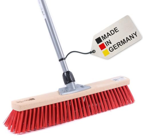 BawiTec Profi Straßenbesen, Kunststoff Borsten rot, 60cm Breit/Lang, mit Metall-Teleskopstiel verstellbar ausziehbar, Länge 100cm - 200cm, Besenstiel, Stabiler Besen Kehrbesen für draussen