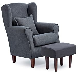 Sillonea - Sillón Orejero Roma con Puff/reposapies, butaca pequeña para salón, Ideal para Ver la TV/Leer. Medida: 100x74x77cm. Tapizado con Tela Antimanchas. (Marengo, Cerezo)
