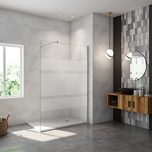 AICA paroi de douche à l'italienne 110x190cm en 6mm verre avec bandes horizontales sérigraphiées, livré avec barre de fixation extensible 70-120cm en cylindrique