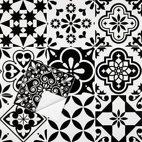 Elffloor Adhesive Floor Tiles Peel and Stick Floor Tiles Vinyl Flooring for Kitchen Bathroom Living Room Waterproof Black White 20X20cm 40pcs