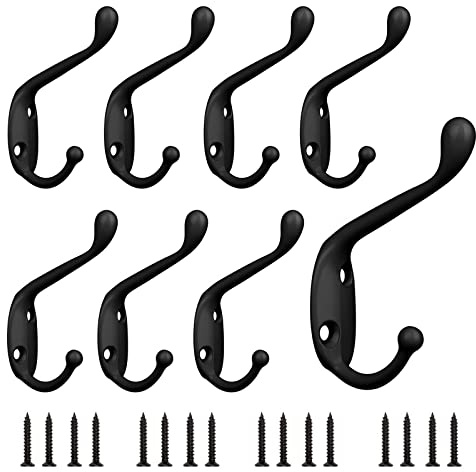 Sheryl&Rain Black Coat Hooks, 8 PCS Metal Clothes Hooks Vintage Wall Hooks Heavy Duty Door Hook Wall Mounted Coat Rack Retro Hat Hook with Screws for Hanging Coat, Hat, Scarf, Robe & Bag