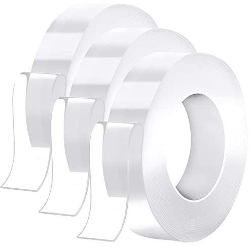 KEYRI 3 Rotoli Nastro Biadesivo Extra Forte Nano Nastro Biadesivo Rimovibile Multifunzione Trasparente Biadesivo Non Lascia Tracce Nastro Adesivo di Montaggio Per Foto Poster Tappeti Muro Casa (9m)