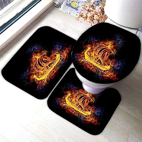 TAOLU Badematte Set 3 Teilig 40x60 Wikinger Badematten 3D rutschfest Waschbar Badvorleger WC Vorleger Deckelbezug U-Förmige Badteppich Badezimmer Flamme Mythos Schiff Badezimmerdekoratio
