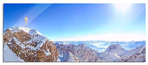 Pixxprint Glasbild Panorama, Wandbild aus Echtglas, Zugspitze im Sonnenlicht, 120x50 cm, inkl. Aufhängung und Abstandshalter
