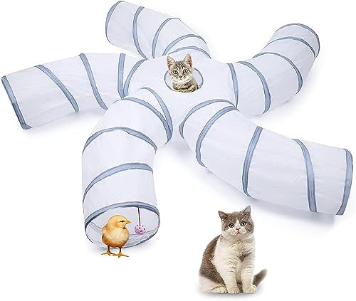 katzentunnel, Katzentunnel im Innenbereich, 5-Wege faltbar, S-Form mit Spielball, waschbarer Katzenspieltunnel,für Katzen Kätzchen Welpen Kaninchen (Weiß & Grau)