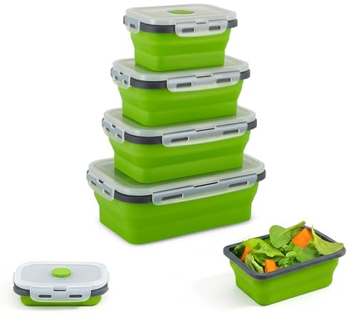 Dice Pro Set of 4 Collapsible Lunch Boxes – Premium Silicone, Space-Saving & Leak-Proof, Microwave & Dishwasher Safe, BPA-Free, Eco-Friendly Food Storage Containers (Green)