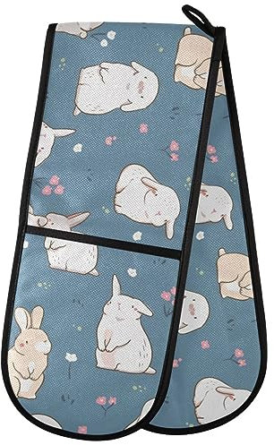 ZZXXB Lovely Bunny and Florals Double Oven Mitt Heat Resistant Non-Slip Kitchen Gloves Extra Long 7 x 35 for Cooking Baking Barbecue Grilling