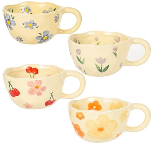 MAKCNMYM Tazza da caffè in ceramica vintage con fiori, tazze carine floreali irregolari, senza piombo, porcellana per cappuccino, cacao (confezione da 4)