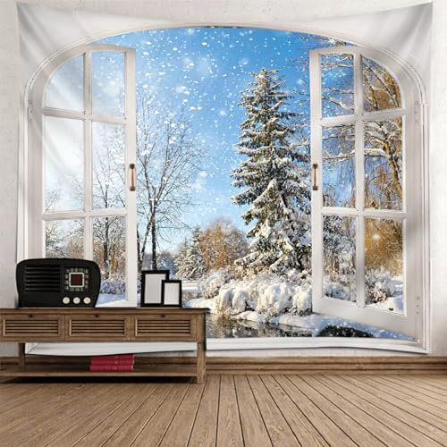 KnSam Weihnachten Schneelandschaft Tapisserie Fenster Bäume und Schneeflocken Wandbehang Wandteppich Wand Deokration Wandtuch für Schlafzimmer Wohnzimmer Dorm Decor, 260x240cm