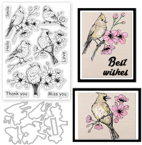 GLOBLELAND Frühling Blumen Vögel Silikonstempel und Stanzformen Set Für Kartenherstellung Vögel Blumen Zweig Klare Stempel Und Stanzformen Set Für DIY Craft Scrapbooking Grußkartendekoration