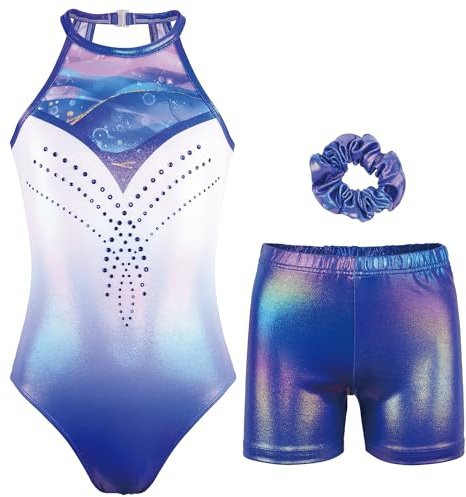 JOYSTREAM Gymnastics Leotards for Girls With Shorts Sparkly Ballet Dance Clasp Back Activewear Royalblue Necklace,8-9Years