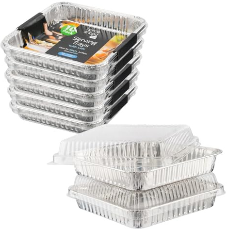 HOMESHOPA Aluminium Foil Food Storage Containers with Plastic Lids, 10 Pack Square Disposable Meal Prep Takeaway Foil Tray, Reusable Tin Foil for Cooking, Baking, Roasting Broiling, Serving