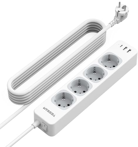 TESSAN 4 Fach Mehrfachsteckdose mit Verlängerungskabel 5M, Grau | Steckdosenleiste mit 1 USB C und 2 USB A, Mehrfachstecker mit Schalter, 2500W Verteilersteckdose Steckerleiste