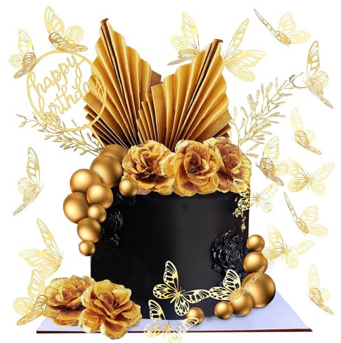 LARDUX 43 PCS Gold Cake Decorations with Flowers-Boho Gold Balls Birthday Cake Topper DIY Butterfly Palm Leaf Cupcake for Wedding Party Decor