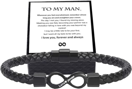 QINSHUI To My Man, Personalized Dual Name Infinity Leather Bracelet, Stainless Steel Braided Design for Men, Boyfriend - Perfect for Xmas, Birthday, Anniversary