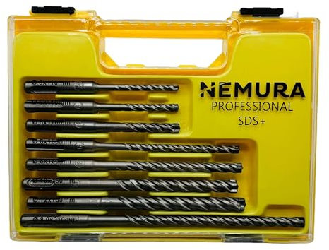 Nemura SDS Plus - Set di 8 punte in carburo di tungsteno ultra rinforzato per cemento armato, 4 taglienti, qualità professionale, scatola di immagazzinaggio, marca francese