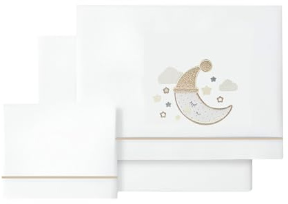 various-Juego De Sábanas para Cuna 60 x 120 cm, Bebe Primavera y Otoño Tipo 100% Algodón Extrasuave Fafricado en España-(Bajera+encimera+Funda Almohada-Luna Color Beige