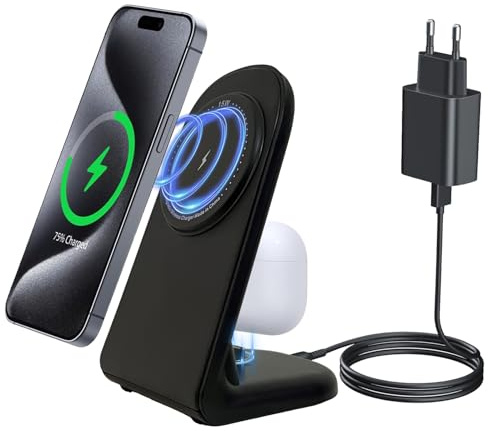 2 in 1 Mag-safe Induktive Ladestation für iPhone 16/15/14/13, AirPods Pro 2, Wireless Charger Stand für Samsung Galaxy S25/S24/S23/S22/S21, Google Pixel 9/8 Pro/7a/6, Magnetisches Kabelloses Ladegerät