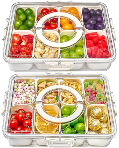 Mfacoy Snackle Box Container, 2 Pack Divided Serving Tray with Lid and Handle, Snack Box Charcuterie Container for Portable Snack Platters, Clear Organizer for Candy, Fruits, Travel, Party, Picnic
