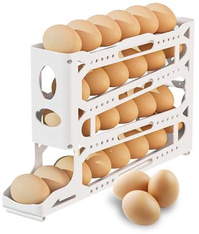 SIRUITON Portauova Frigorifero, nuovo modello del 2024 con portauova a scorrimento automatico, cesto grande capacità per le uova, detenzione sicura per 30 uova per la cucina (Bianco)