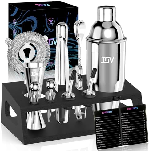 IOV Mixology - Kit de barman con soporte, juego de coctelera de 12 piezas, juego de coctelera Martini de 24 onzas para mezclar bebidas, juego de bar incluye todas las herramientas de barra y folleto