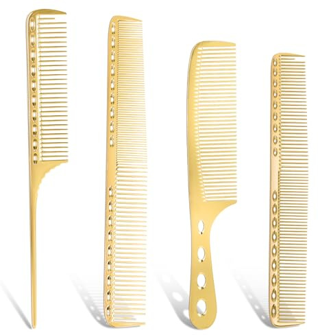 Professional Barber Aluminum Comb Set Metal Combs for Cutting Comb Hair Hairdressing Tail Comb (Golden)