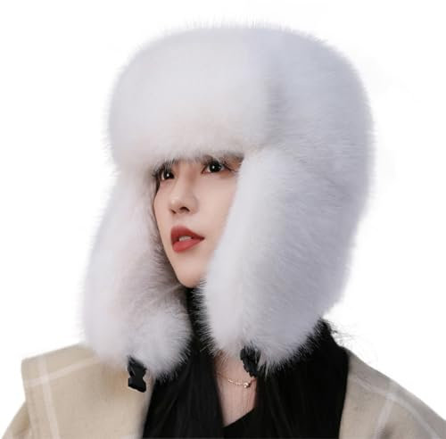 BSYLOO Damen Flauschige Trappermütze Langflor Kunstfell Uschanka Hut mit Schnalle Luxuriöse Nerz Stil Winter Warme Mütze, Weiss/opulenter Garten, S-L