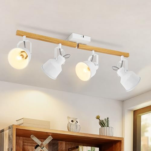 GBLY Deckenstrahler 4 Flammig Weiß: Deckenlampe Vintage Schwenkbar 350° MAX.25W E14 Fassung Industrial Holzmaserung Spotbalken für Wohnzimmer Schlafzimmer Büro (ohne Leuchtmittel)