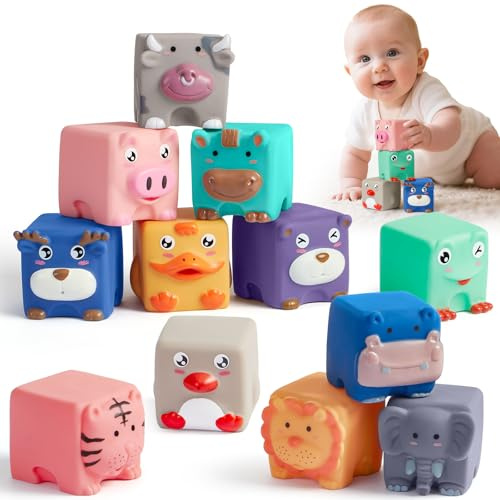 Toylink Cubi Impilabili Bambini Giocattolo Dentizione Bambino a Forma di Animale Morbido Sensoriale Montessori Giocattolo Impilabile Regalo per Neonati Maschi Femmine 6 9 12 Mesi