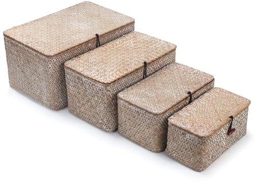 Wicker Basket with Lid, Seagrass Storage Basket, Woven Baskets for Storage, Decorative Storage Baskets for Shelf Organizing, Whitewash