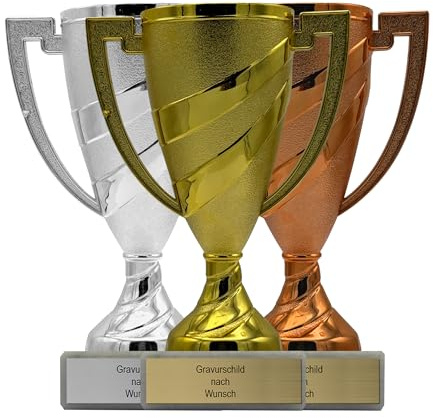 Pokal mit Gravur Wunschtext, Gold, Silber & Bronze, 14 cm, mit Henkeln | Personalisierte Auszeichnung für Fußball WM & Sport Events, inkl. Marmorsockel, Geschenk-Trophäe für Kinder