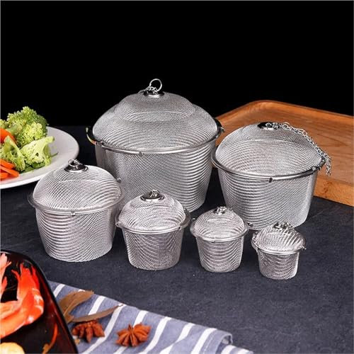 1 filtro per alimenti, 5 dimensioni, in acciaio inox, con chiusura a forma di uovo per spezie, infusore per tè in metallo, con manici e coperchio (E)