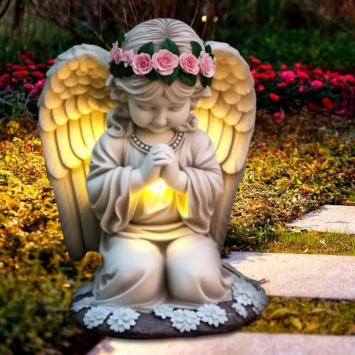 HOVCEH Grabschmuck Wetterfest, Solar Grabfiguren mit Solarleuchte, Engel für Deko Grab Wetterfest, LED Fairy Angel Figur Grabschmuck für Drauße