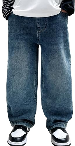 Happy Cherry Jungen Jeans mit Elastikbund Denim Schlupfjeans für Kleinkinder Straight Fit Weicher Schule Alltag Hellblau 120