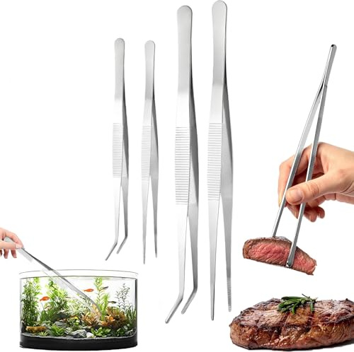 Lot de 4 pinces à épiler pointues longues 20 cm/30 cm, droites/courbées, en acier inoxydable, pour l'aquascaping, le jardinage, la cuisine, l'utilisation en laboratoire (argenté)