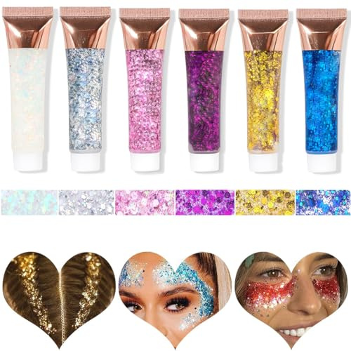 DIFLAX 6 Stück Body Glitter Gel, Festival Glitzer Gesicht Mermaid Sequins Körperglitzer Chunky Face Body Glitzer Gesichtsglitzer Glitzer Schminke Glitter Makeup Glitzer Körper für Party (Mehrfarbig)
