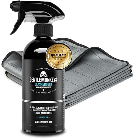 GENTLEMONKEYS Auto Glasreiniger Set - 500ml + 2 Tücher - Innen + Außen | Streifenfrei - Mit Abperleffekt - Reinigungsset für Autoscheibe, Spiegel & Fenster - 500ml Glasreiniger + 2 Carbontücher