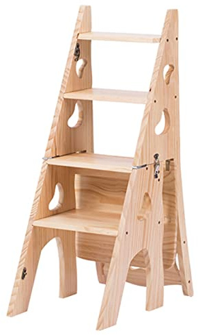 XCHSXYL Convertible Folding Step Stool Chair with 4 Steps Flower Stand Multifunctional Wooden Ladder for Home Library Portable and Space saving