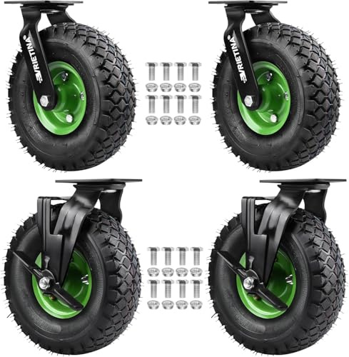 4 Stück 360° Lenkrollen mit Bremse Set Ø 250 x 90 mm Rad, Ruhig Luftrad auf Stahlfelge Schwarz mit Stoßdämpfung, Bollerwagen & Transportwagen Kit (2 Lenkrolle 2 Lenkrollen mit Bremse)