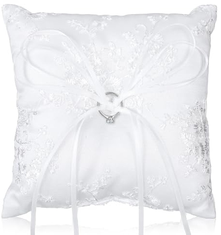 Sibba Ring Bearer Pillows, Wedding Ring Bearer Pillow with Ivory Embroidery and Simple Bow for Wedding Ceremony Party Proposal Gift, 5.9 x 5.9 in