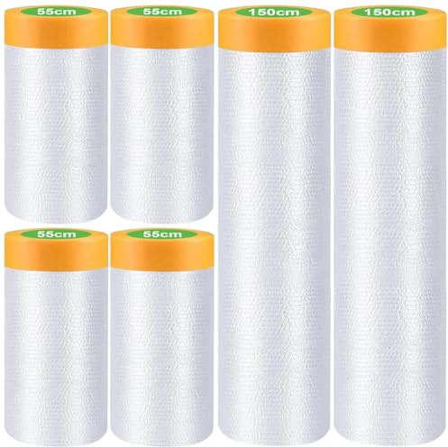PHIEZC Abdeckfolie mit Klebeband, 120 Meter Abklebeband mit Folie, Staubschutzfolie, 4 Rollen à 55 cm x 20 m + 2 Rollen à 150 cm x 2 m, Mehrzweck-Abdeckband und Krepp-Staubschutzfolie für Maler