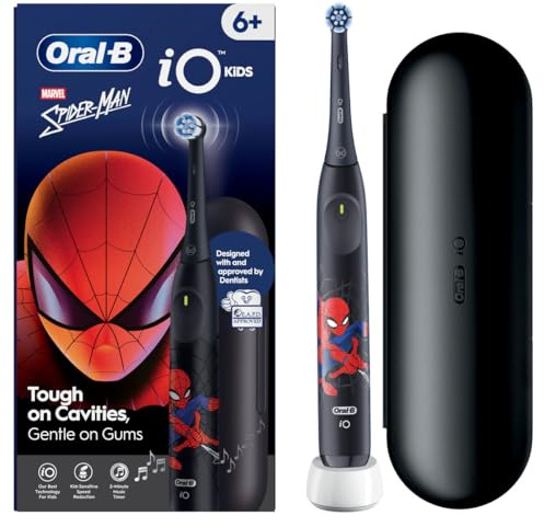 Oral-B IO Kids Electric Tandborste, Spider-Man-mönster, svart - 3 mjuka borstlägen för 6-åriga barn, musikalisk timer, reservspets, fodral