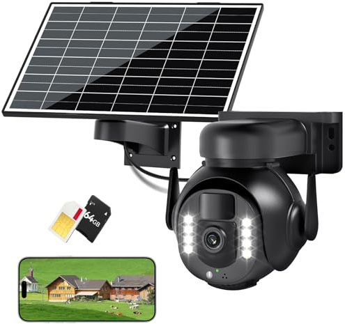 HCWLY LINK 4K Solar Überwachungskamera Aussen - 360° PTZ mit 5X Zoom, 5G LTE Outdoor Kamera mit PIR-Bewegungserkennung, Farbnachtsicht, automatischer Verfolgung, IP66, inkl 64GB SD & 300 MB SIM Karte