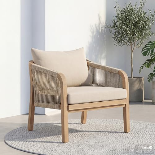 home24 Loungesessel in Akazie Braun und Beige mit Polsterung, Geöltes Akazien-Massivholz mit Polyester-Geflecht und Webstoffbezug, Komfortables Einzelmöbel für die Outdoor-Lounge