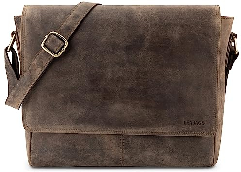 LEABAGS Borsa a Tracolla in Pelle per Uomo e Donna | Borsa per Laptop in Vera Pelle fino a 14 Pollici | Messenger Bag con Tracolla | Borsa da Lavoro, Trasporto e a Mano | Vintage Grigio-Marrone