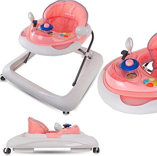 Sun Baby Girello per Bambini, Primi Passi con pulsanti, volante, specchietti, ruote in gomma, regolabile in altezza (Rosa)