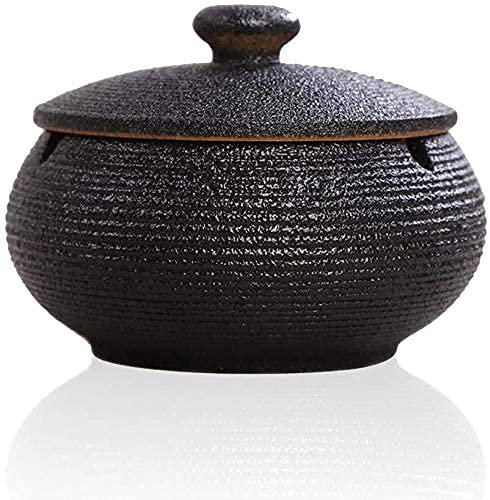 Askfat med lock, keramisk askfat för cigarett, vindtätt askfat för utomhusbruk, inomhusbruk, vintage-askfat för hem- och kontorsinredning, bar, café, hotell (svart)