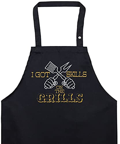 EXPRESS-STICKEREI Delantal cocina hombres con divertido mensaje bordado: SKILLS on the GRILL Ajustable, con bolsillo, regalo de cumpleaños para el maestro parrillero