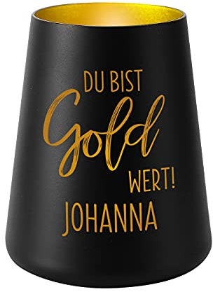 Herz & Heim® Teelichthalter mit Gravur - Du bist Gold wert - Geschenkidee für Mitarbeiter Schwarz